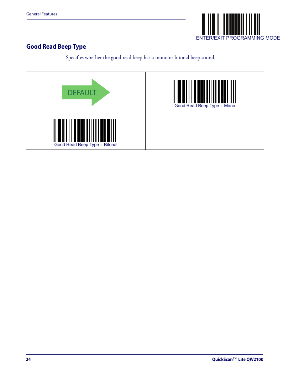 Good read beep type, Default | Datalogic QuickScan Lite QW2100 User Manual | Page 34 / 324