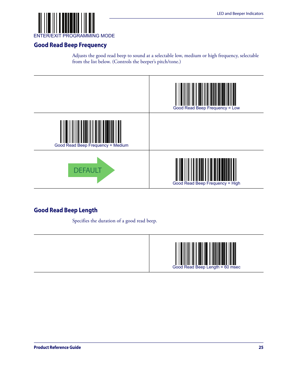 Good read beep frequency good read beep length, Default, Good read beep frequency | Good read beep length | Datalogic QuickScan Lite QW2100 User Manual | Page 35 / 324