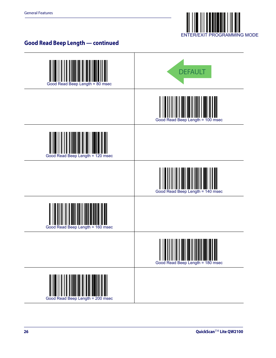 Default, Good read beep length — continued | Datalogic QuickScan Lite QW2100 User Manual | Page 36 / 324