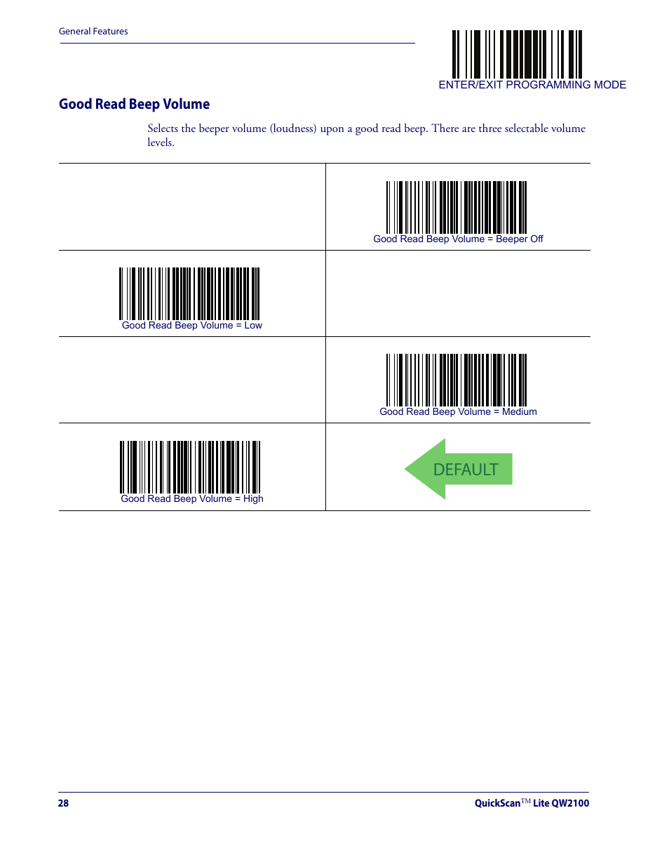 Good read beep volume, Default | Datalogic QuickScan Lite QW2100 User Manual | Page 38 / 324