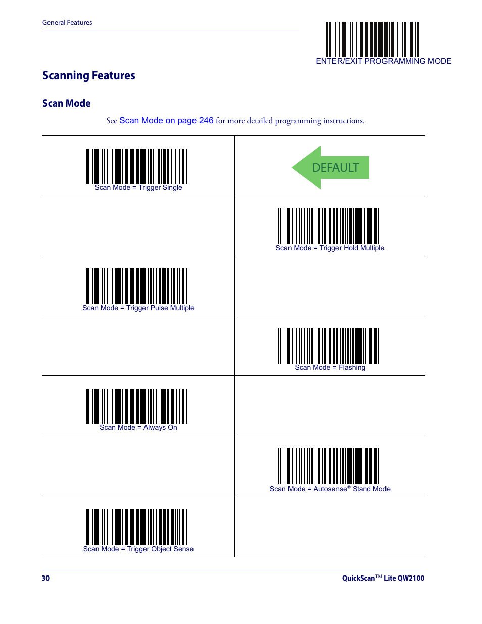 Scanning features, Scan mode, Default | Datalogic QuickScan Lite QW2100 User Manual | Page 40 / 324