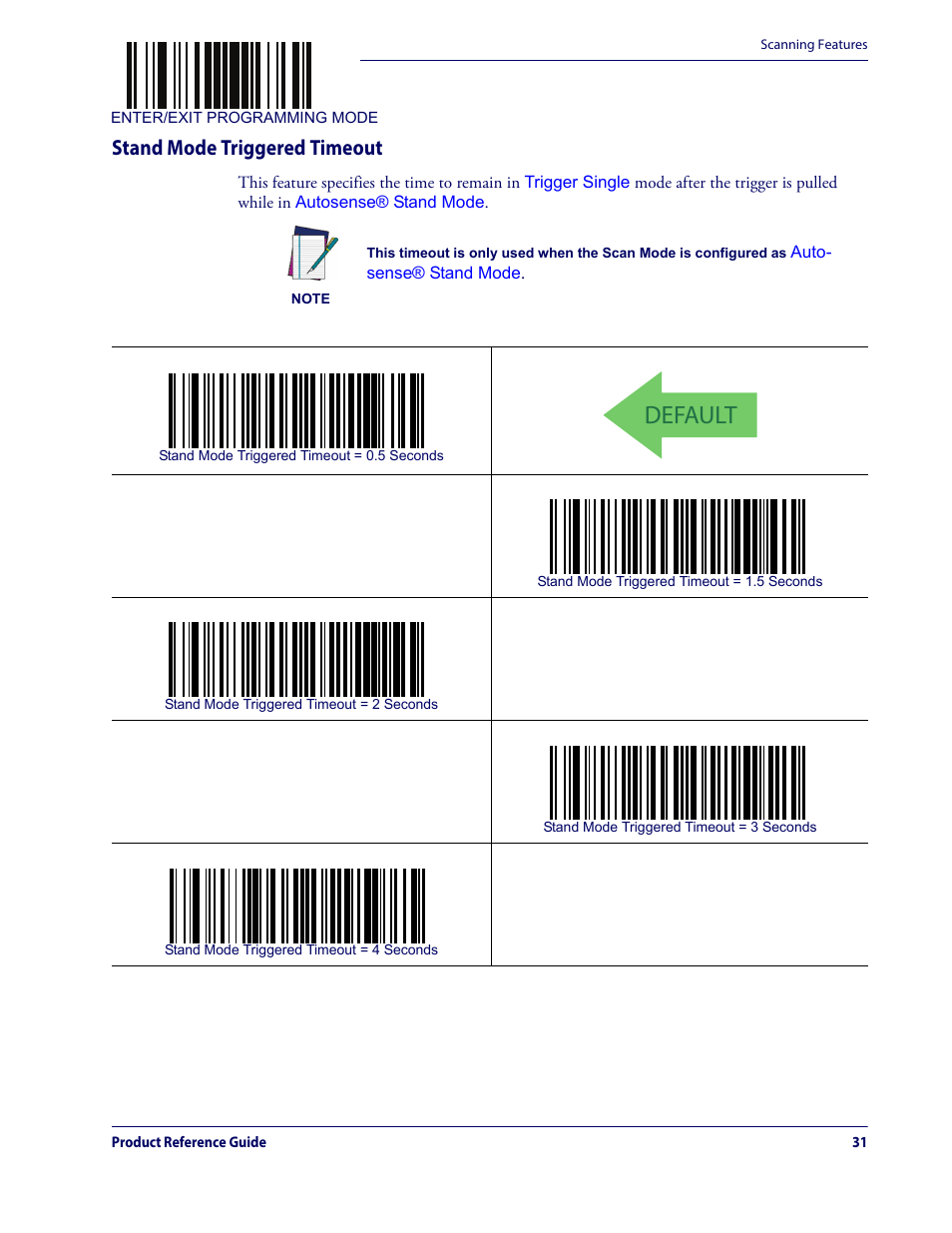 Stand mode triggered timeout, Default | Datalogic QuickScan Lite QW2100 User Manual | Page 41 / 324