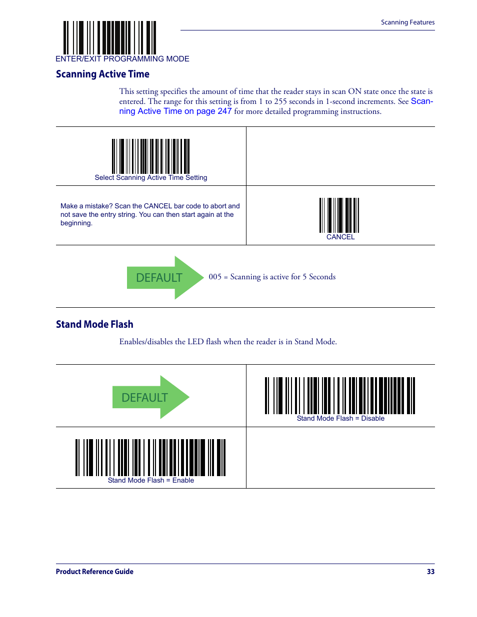 Scanning active time stand mode flash, Default, Scanning active time | Stand mode flash | Datalogic QuickScan Lite QW2100 User Manual | Page 43 / 324