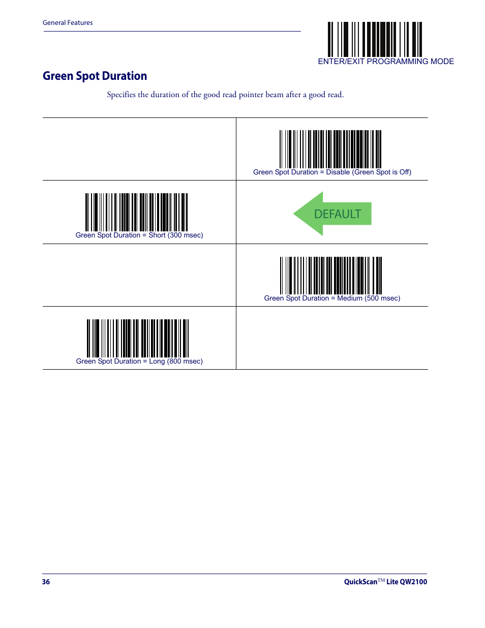 Green spot duration, Default | Datalogic QuickScan Lite QW2100 User Manual | Page 46 / 324