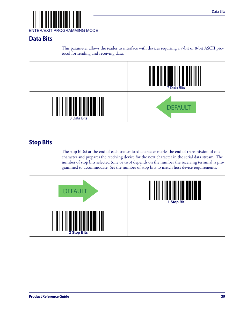 Data bits stop bits, Default, Data bits | Stop bits | Datalogic QuickScan Lite QW2100 User Manual | Page 49 / 324