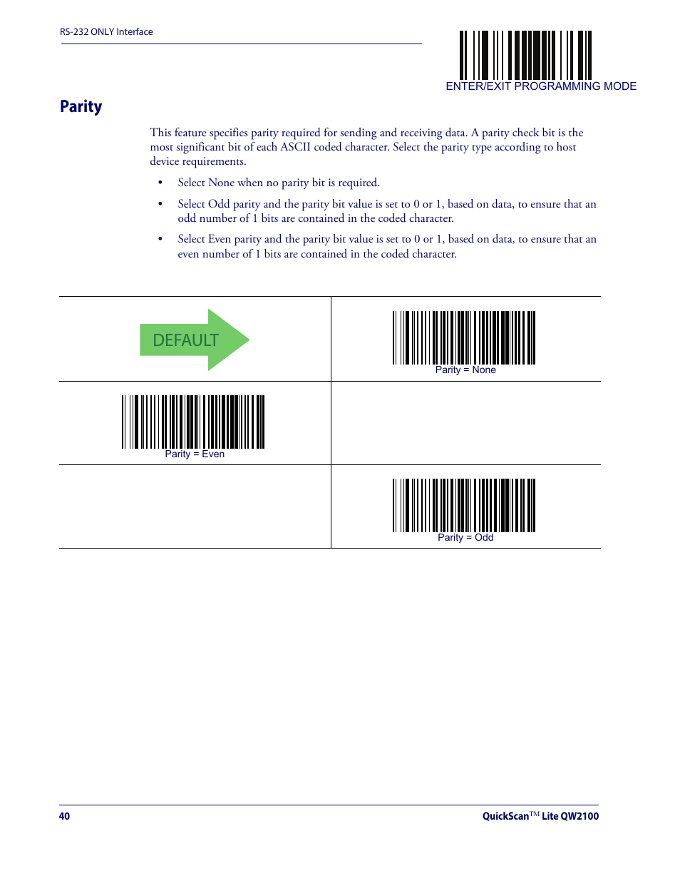 Parity, Default | Datalogic QuickScan Lite QW2100 User Manual | Page 50 / 324