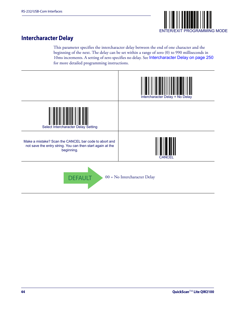 Intercharacter delay, Default | Datalogic QuickScan Lite QW2100 User Manual | Page 54 / 324