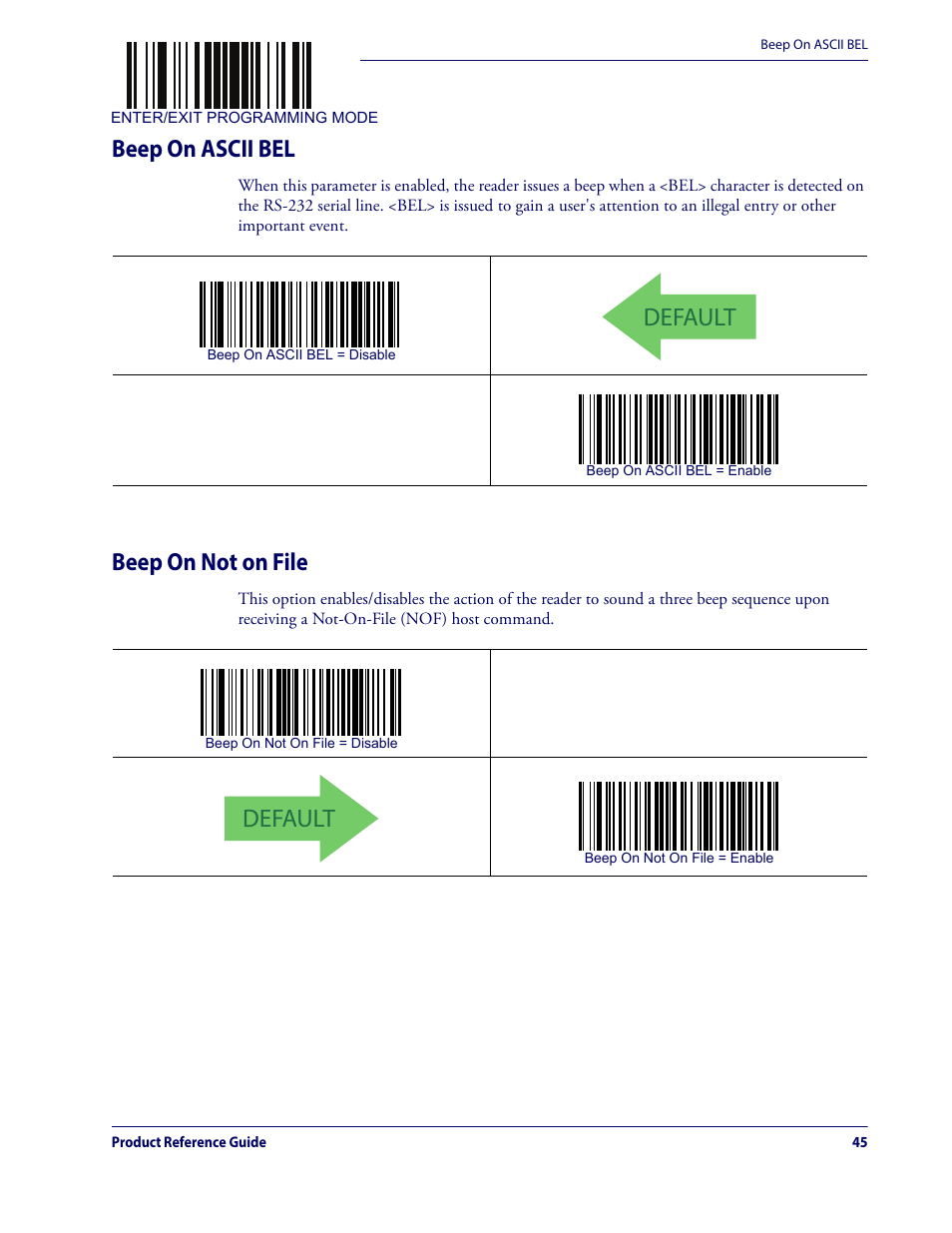 Beep on ascii bel beep on not on file, Default, Beep on ascii bel | Beep on not on file | Datalogic QuickScan Lite QW2100 User Manual | Page 55 / 324