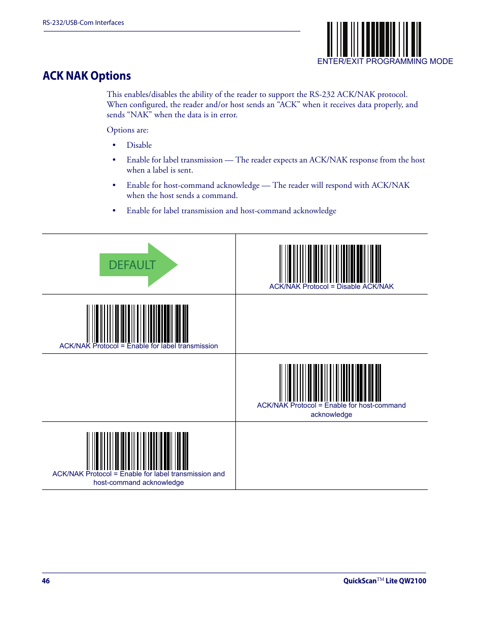 Ack nak options, Default | Datalogic QuickScan Lite QW2100 User Manual | Page 56 / 324