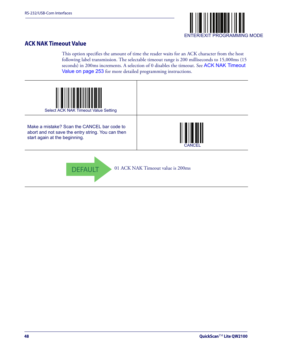 Ack nak timeout value, Default | Datalogic QuickScan Lite QW2100 User Manual | Page 58 / 324