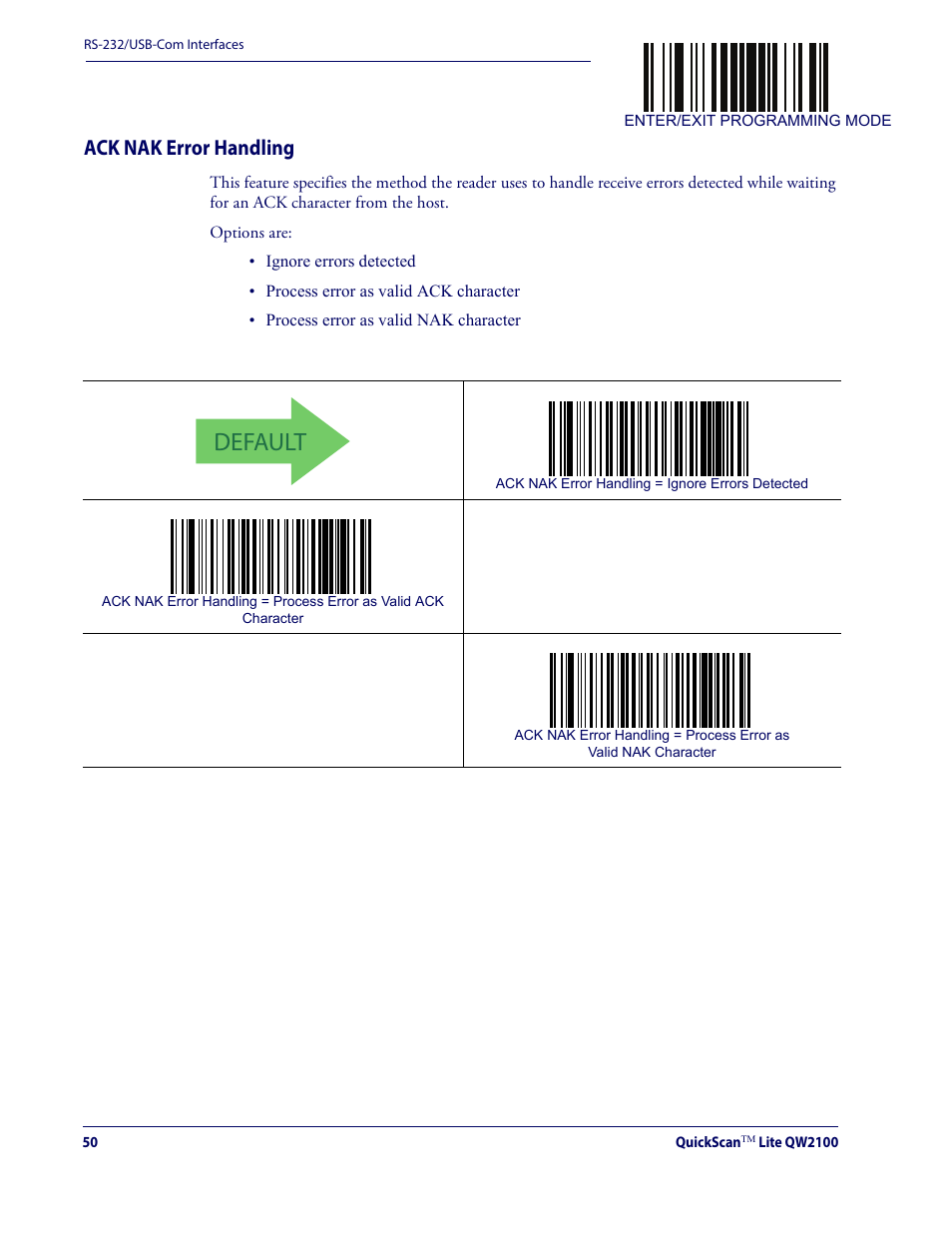 Ack nak error handling, Default | Datalogic QuickScan Lite QW2100 User Manual | Page 60 / 324