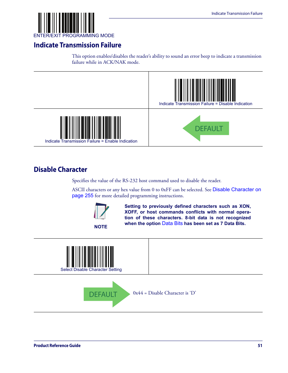 Indicate transmission failure disable character, Default, Indicate transmission failure | Disable character | Datalogic QuickScan Lite QW2100 User Manual | Page 61 / 324