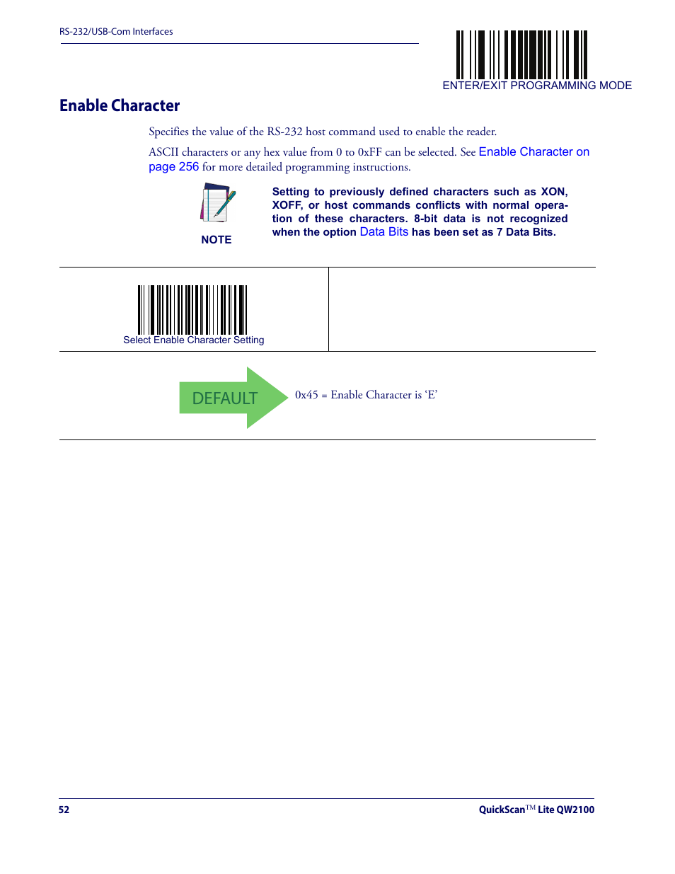 Enable character, Default | Datalogic QuickScan Lite QW2100 User Manual | Page 62 / 324