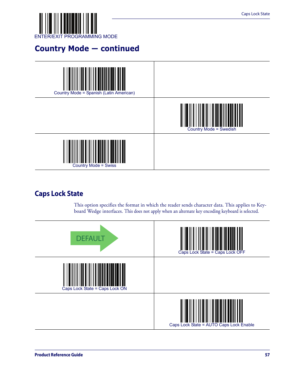 Caps lock state, Default, Country mode — continued caps lock state | Datalogic QuickScan Lite QW2100 User Manual | Page 67 / 324