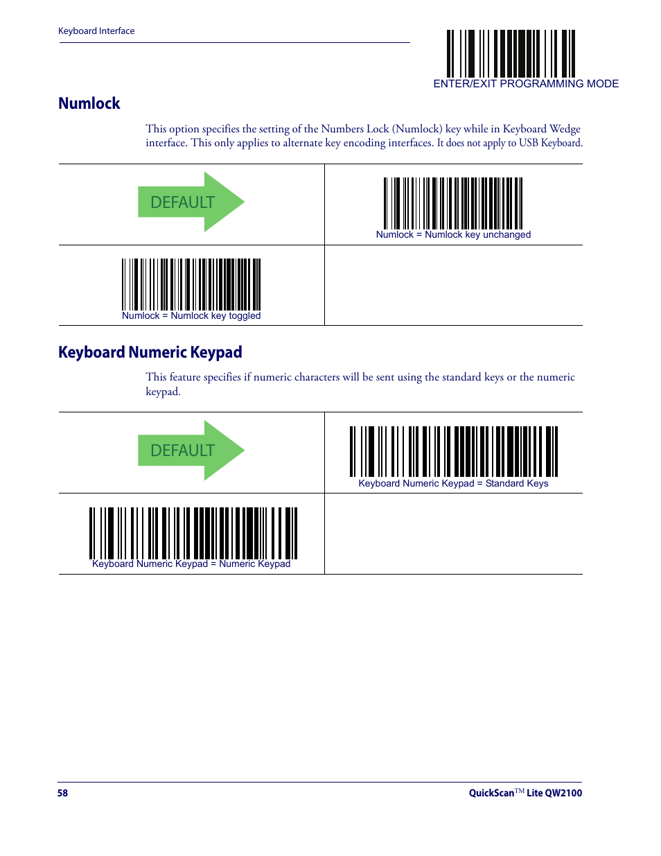 Numlock keyboard numeric keypad, Default, Numlock | Keyboard numeric keypad | Datalogic QuickScan Lite QW2100 User Manual | Page 68 / 324