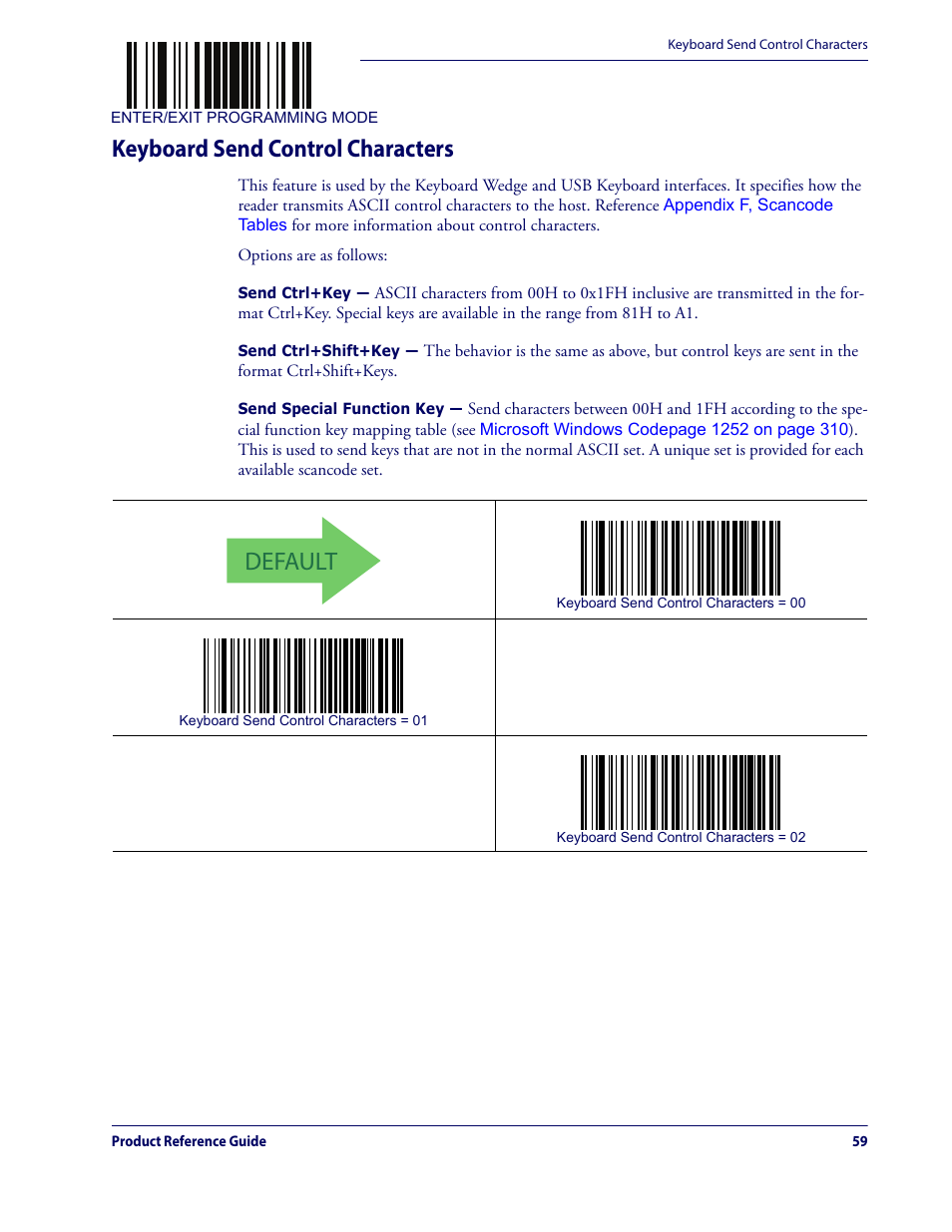 Keyboard send control characters, Default | Datalogic QuickScan Lite QW2100 User Manual | Page 69 / 324