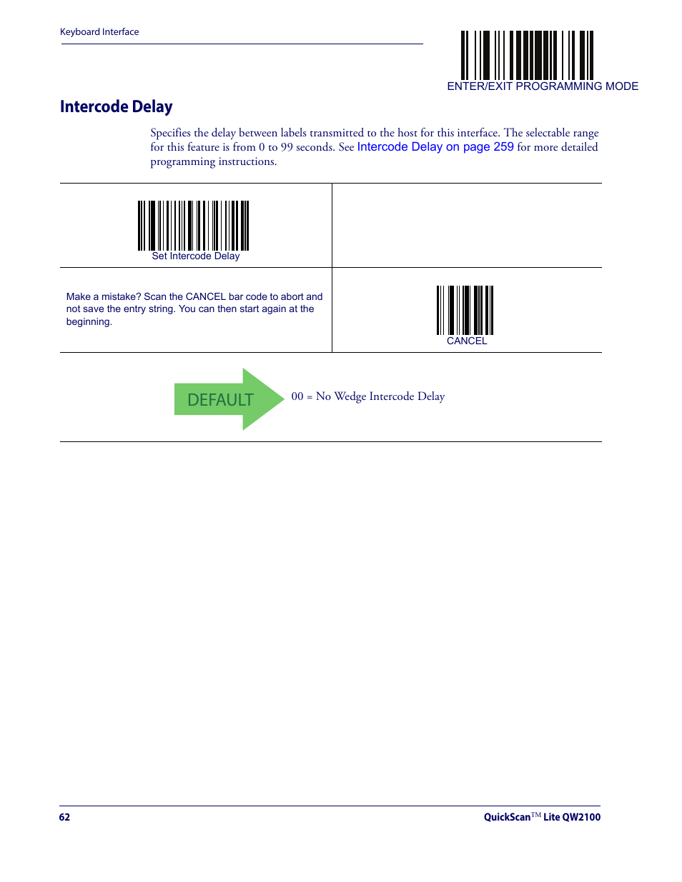 Intercode delay, Default | Datalogic QuickScan Lite QW2100 User Manual | Page 72 / 324