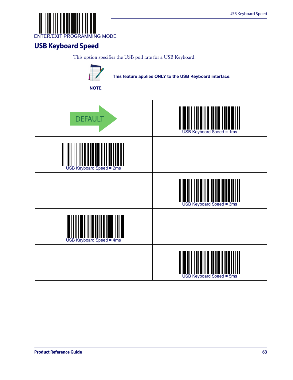 Usb keyboard speed, Default | Datalogic QuickScan Lite QW2100 User Manual | Page 73 / 324