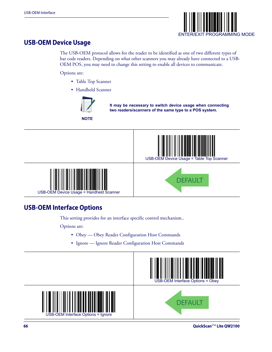 Usb-oem device usage usb-oem interface options, Default, Usb-oem device usage | Usb-oem interface options | Datalogic QuickScan Lite QW2100 User Manual | Page 76 / 324