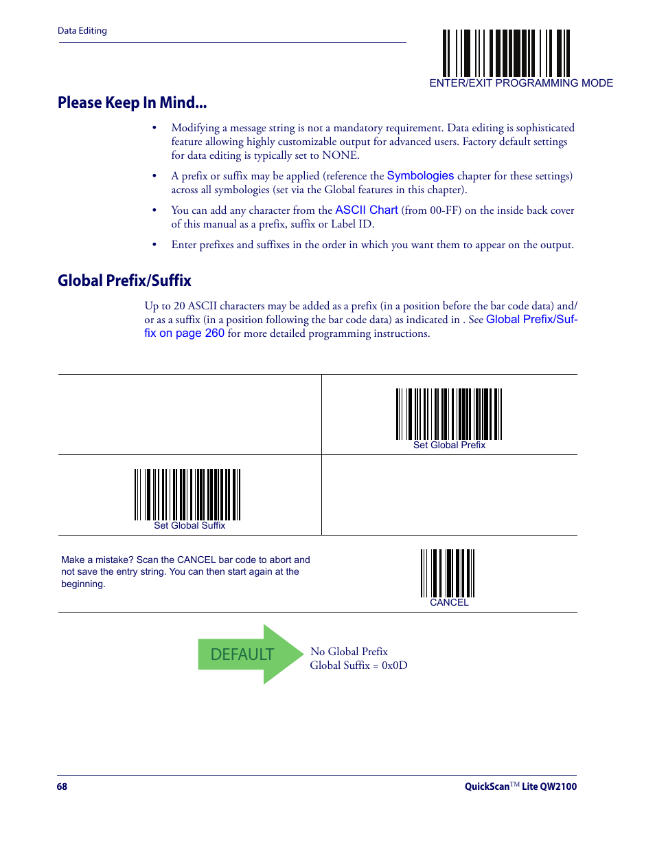 Please keep in mind global prefix/suffix, Default, Please keep in mind | Global prefix/suffix | Datalogic QuickScan Lite QW2100 User Manual | Page 78 / 324