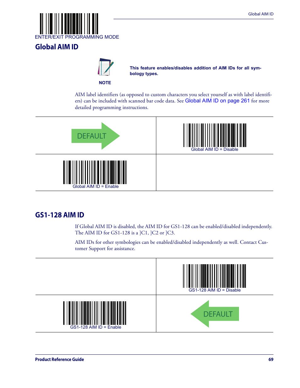 Global aim id gs1-128 aim id, Default, Global aim id | Gs1-128 aim id | Datalogic QuickScan Lite QW2100 User Manual | Page 79 / 324