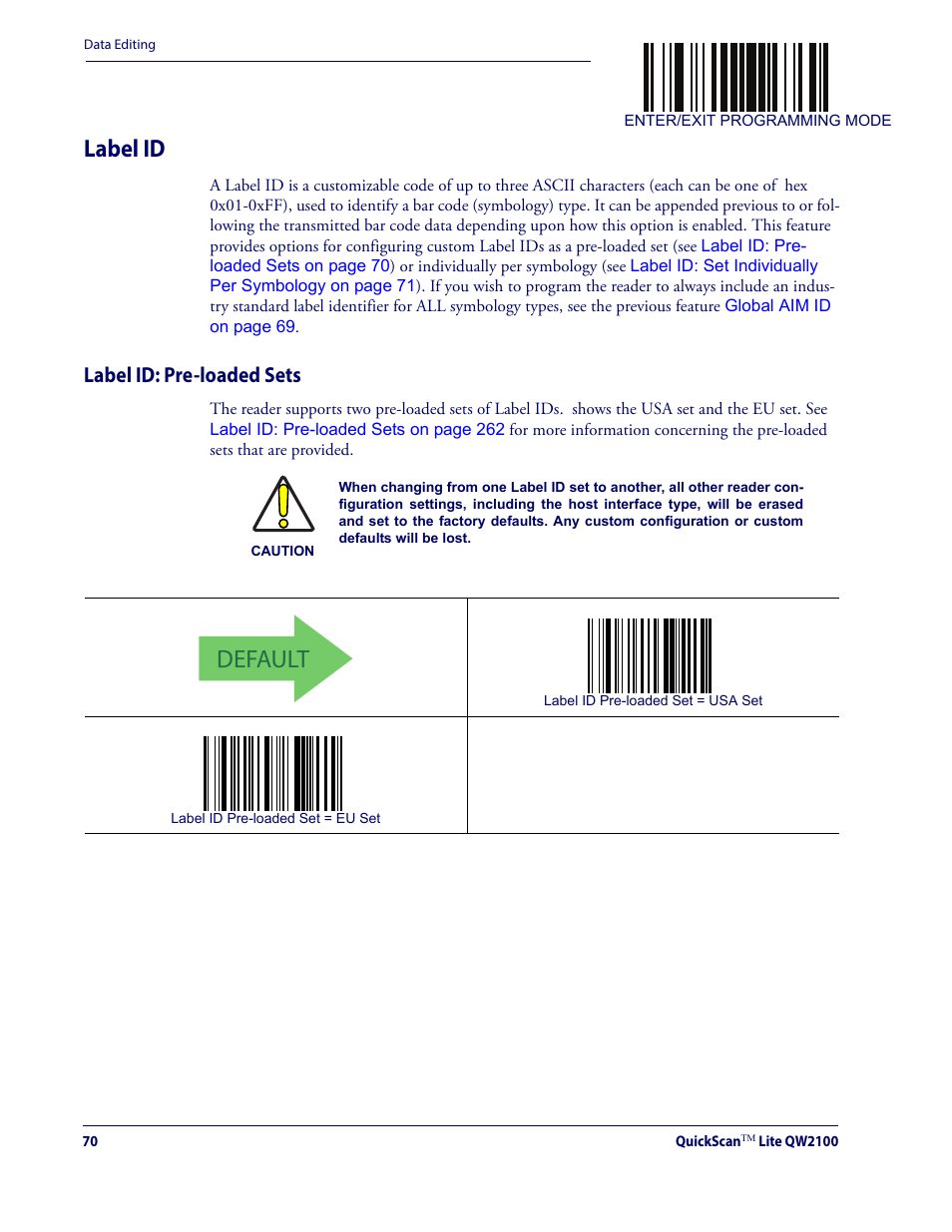 Label id, Label id: pre-loaded sets, Default | Datalogic QuickScan Lite QW2100 User Manual | Page 80 / 324