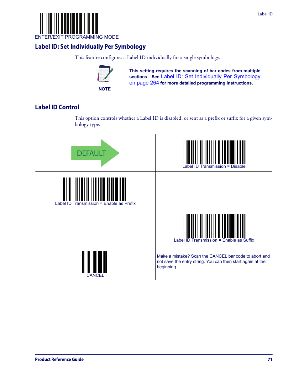 Label id: set individually, Default, Label id: set individually per symbology | Label id control | Datalogic QuickScan Lite QW2100 User Manual | Page 81 / 324