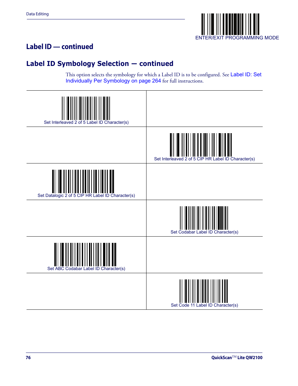 Label id — continued, Label id symbology selection — continued | Datalogic QuickScan Lite QW2100 User Manual | Page 86 / 324