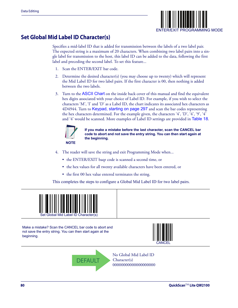 Set global mid label id character(s), Default | Datalogic QuickScan Lite QW2100 User Manual | Page 90 / 324