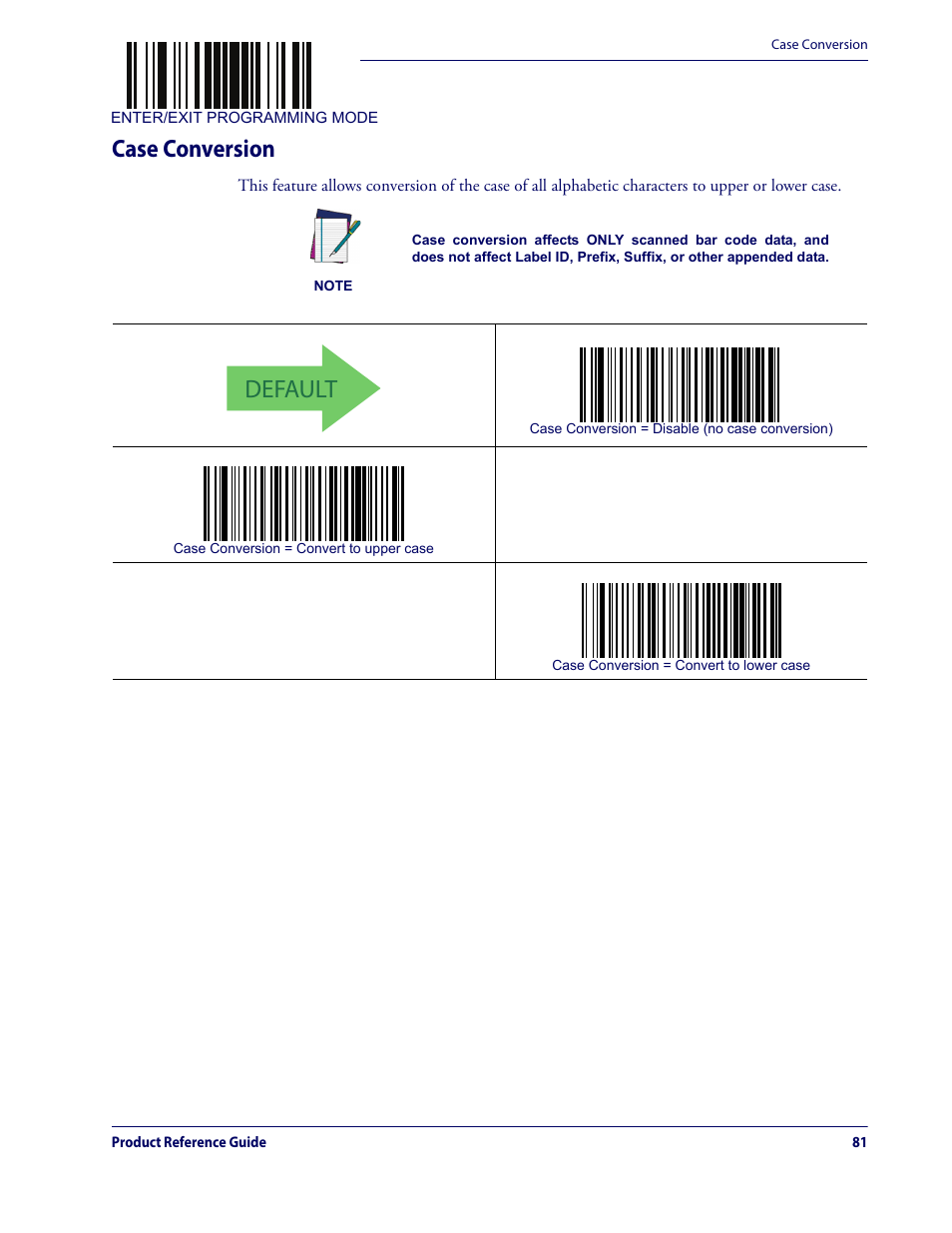 Case conversion, Default | Datalogic QuickScan Lite QW2100 User Manual | Page 91 / 324