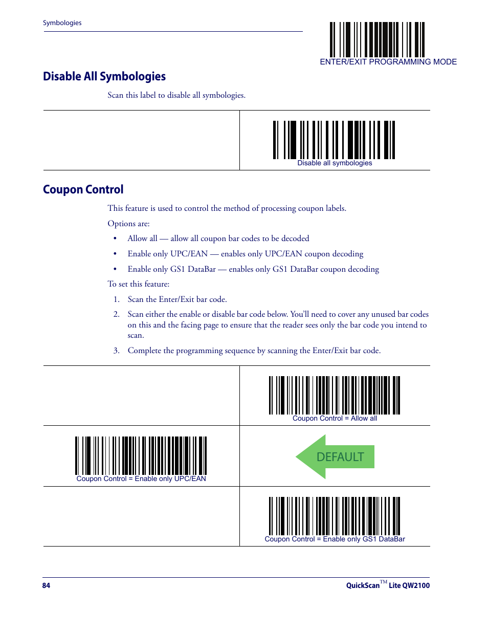 Disable all symbologies coupon control, Default, Disable all symbologies | Coupon control | Datalogic QuickScan Lite QW2100 User Manual | Page 94 / 324