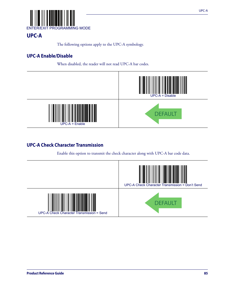 Upc-a, Default, Upc-a enable/disable | Upc-a check character transmission | Datalogic QuickScan Lite QW2100 User Manual | Page 95 / 324