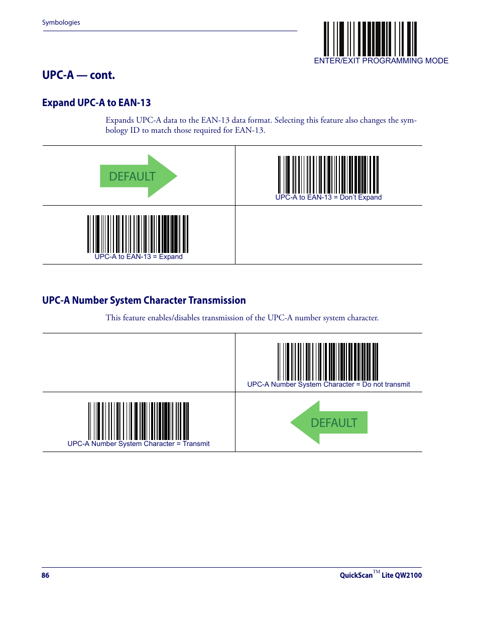 Default, Upc-a — cont, Expand upc-a to ean-13 | Upc-a number system character transmission | Datalogic QuickScan Lite QW2100 User Manual | Page 96 / 324