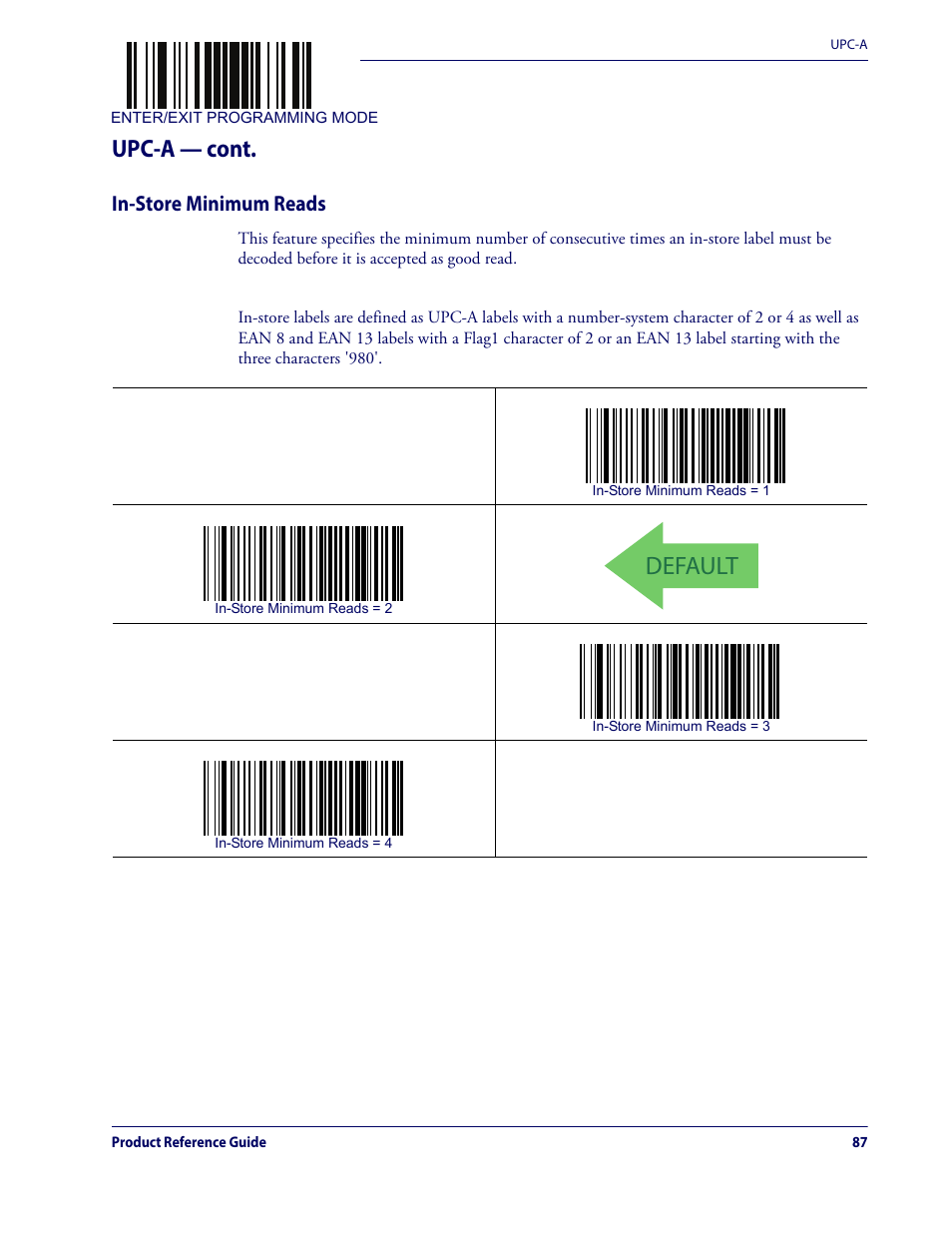 In-store minimum reads, Default, Upc-a — cont | Datalogic QuickScan Lite QW2100 User Manual | Page 97 / 324