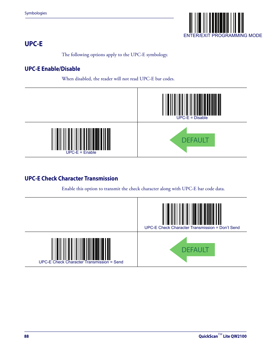 Upc-e, Default, Upc-e enable/disable | Upc-e check character transmission | Datalogic QuickScan Lite QW2100 User Manual | Page 98 / 324