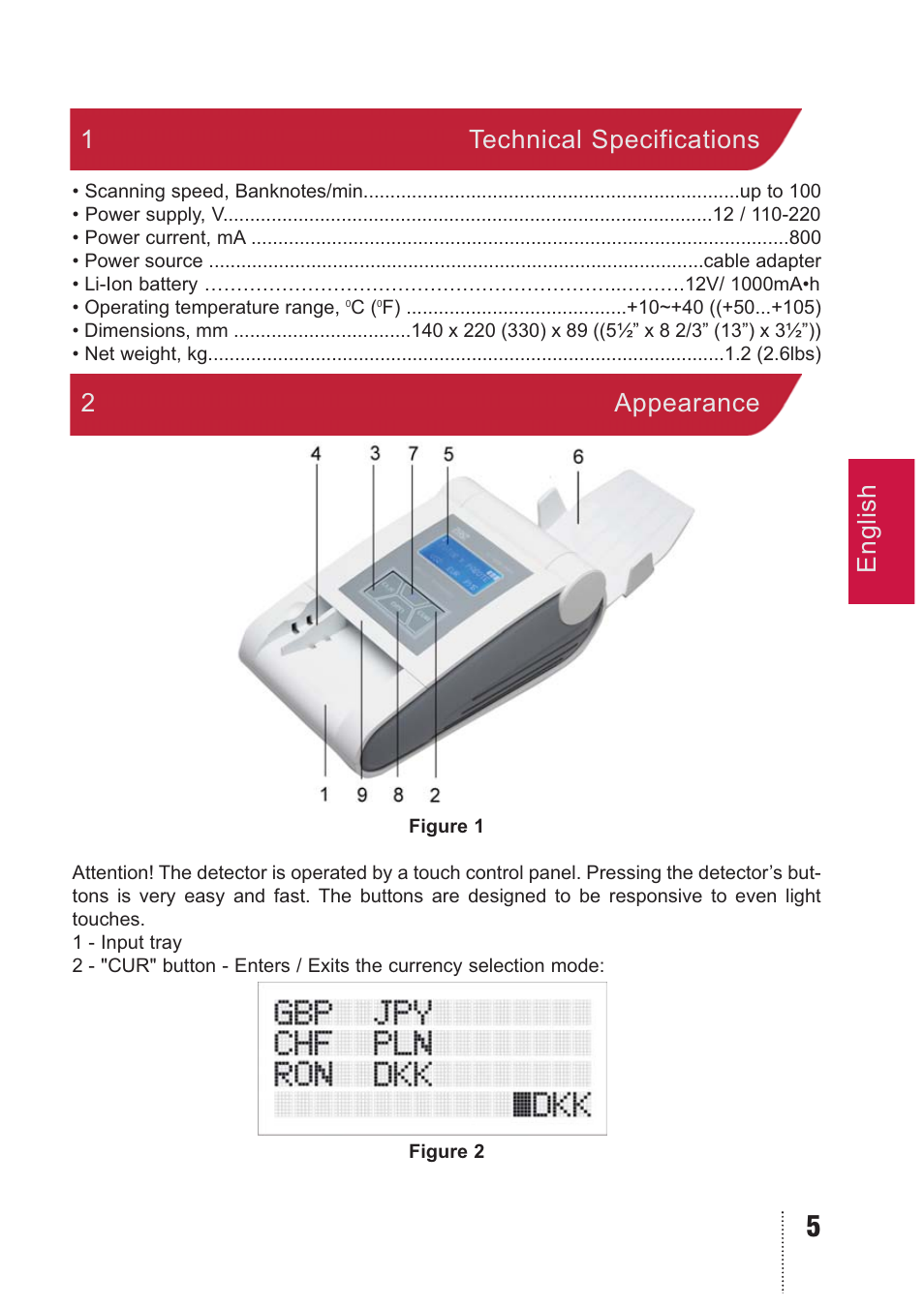 English 1 technical specifications, 2appearance | PRO Intellect PRO CL-400 A MULTI User Manual | Page 5 / 12
