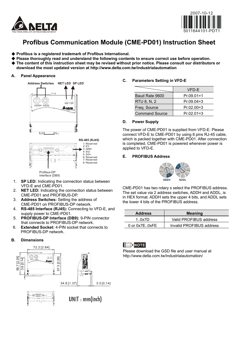 Delta Electronics Profibus Communication Module CME-PD01 User Manual | 2 pages