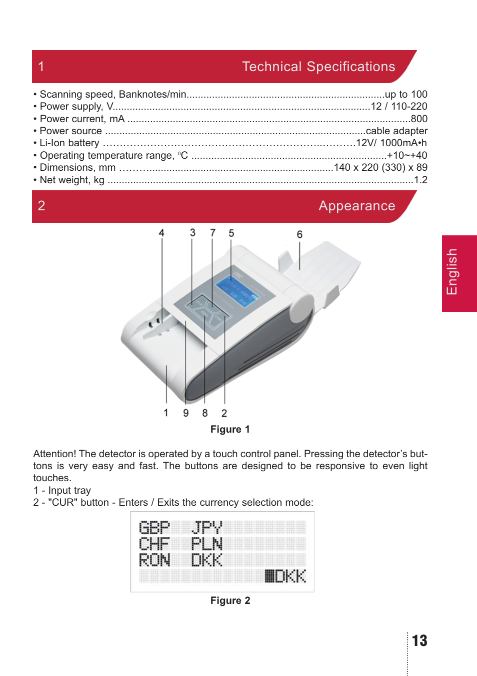 English 1 technical specifications, 2appearance | PRO Intellect PRO CL-400 A MULTI User Manual | Page 13 / 44