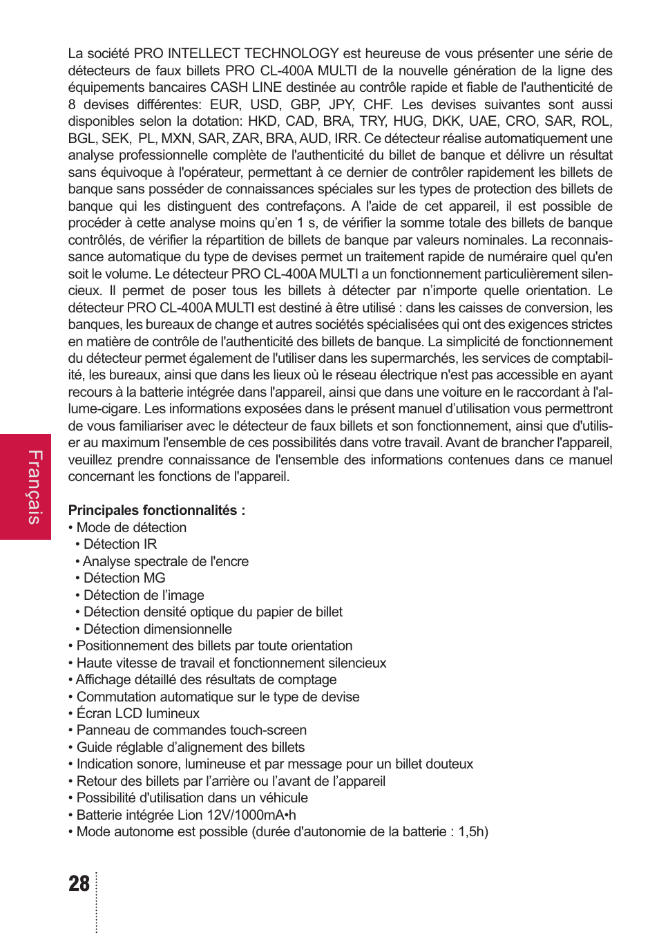 Français | PRO Intellect PRO CL-400 A MULTI User Manual | Page 28 / 44