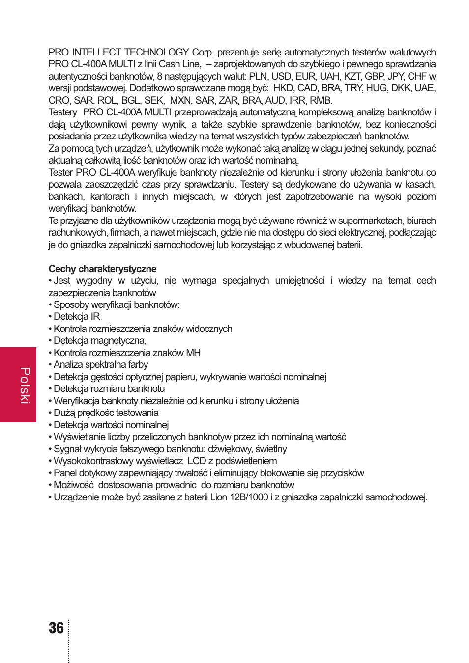 PRO Intellect PRO CL-400 A MULTI User Manual | Page 36 / 44