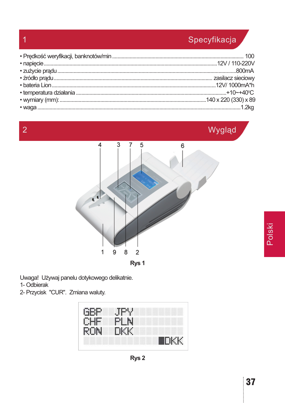 Polski 1 specyfikacja, 2wygląd | PRO Intellect PRO CL-400 A MULTI User Manual | Page 37 / 44