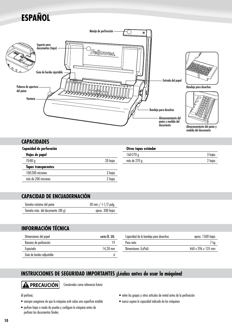 Español, Precaución, Capacidad de encuadernación | Información técnica | FELLOWES Pulsar Plus 300 User Manual | Page 10 / 14