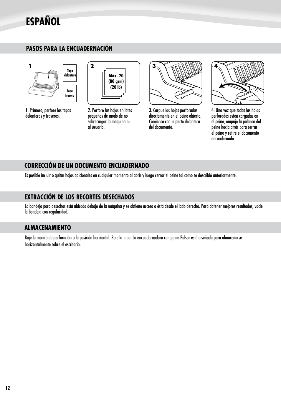 Español, Pasos para la encuadernación, Corrección de un documento encuadernado | Extracción de los recortes desechados, Almacenamiento | FELLOWES Pulsar Plus 300 User Manual | Page 12 / 14