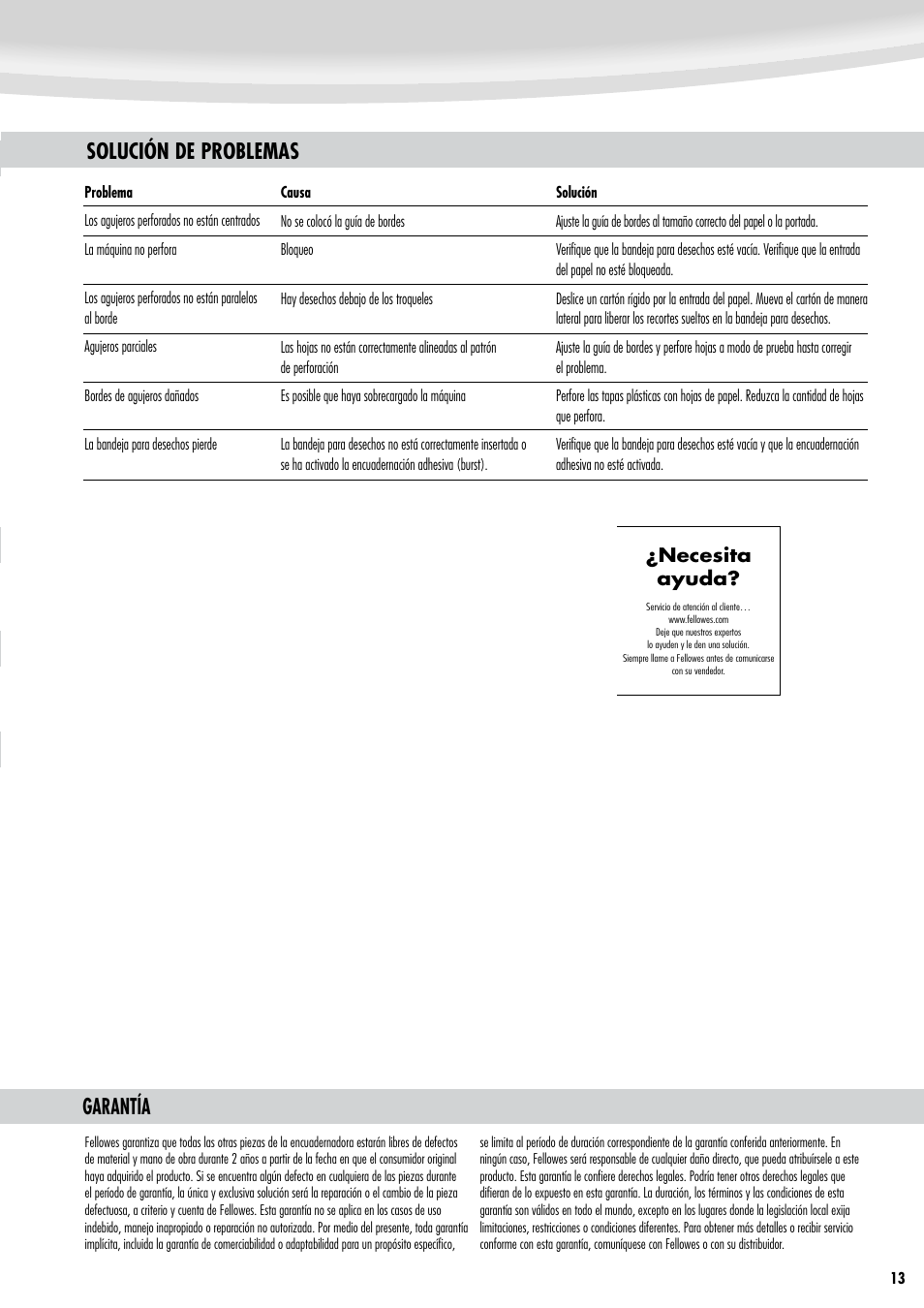 Garantía, Solución de problemas, Necesita ayuda | FELLOWES Pulsar Plus 300 User Manual | Page 13 / 14