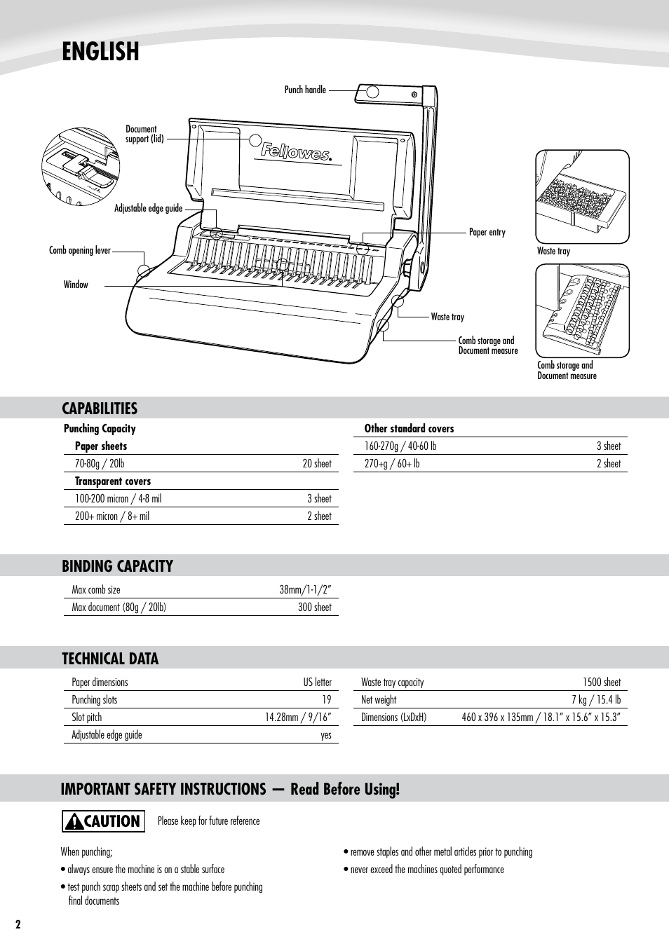 English, Binding capacity, Technical data | FELLOWES Pulsar Plus 300 User Manual | Page 2 / 14