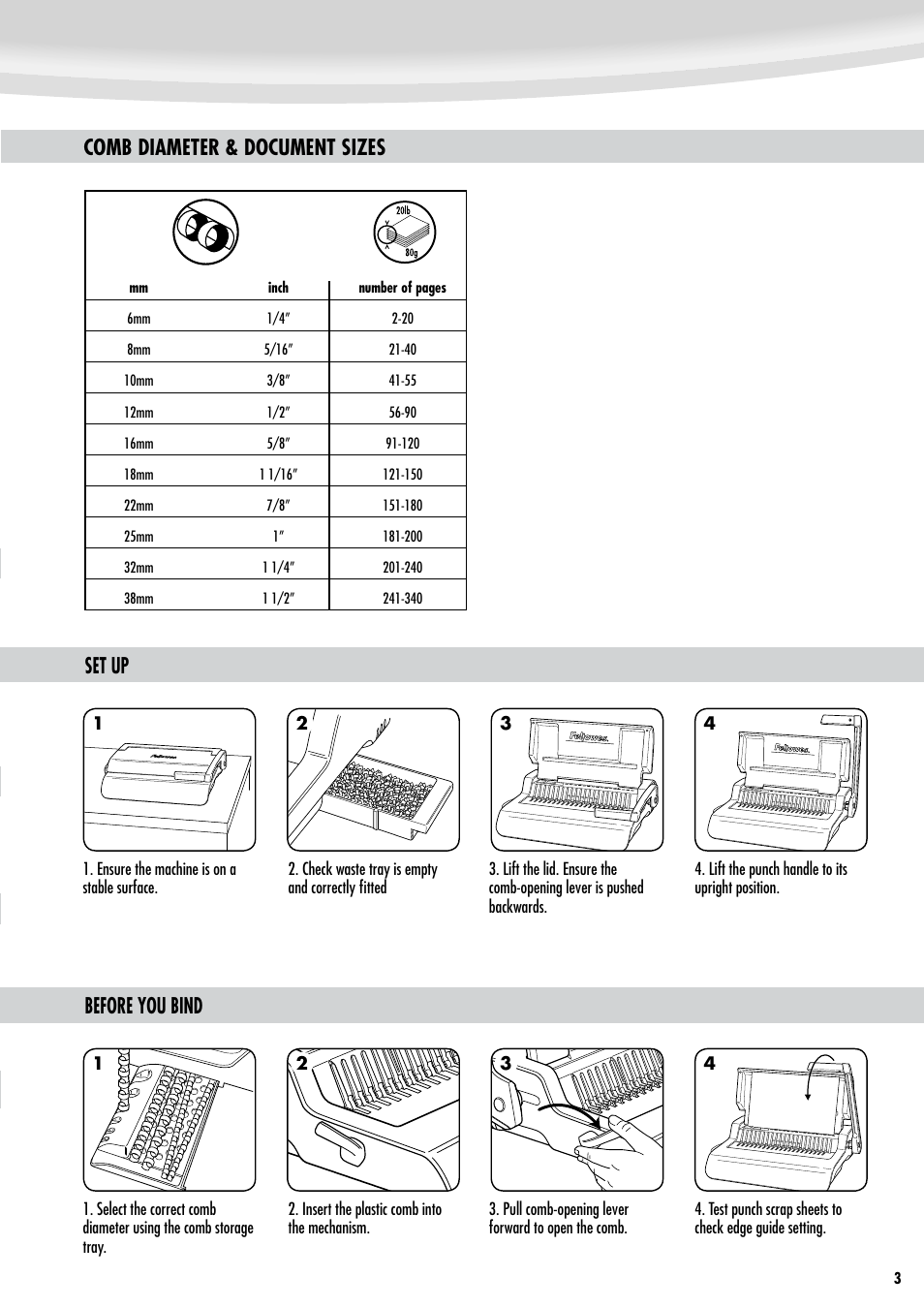 Comb diameter & document sizes set up, Before you bind | FELLOWES Pulsar Plus 300 User Manual | Page 3 / 14