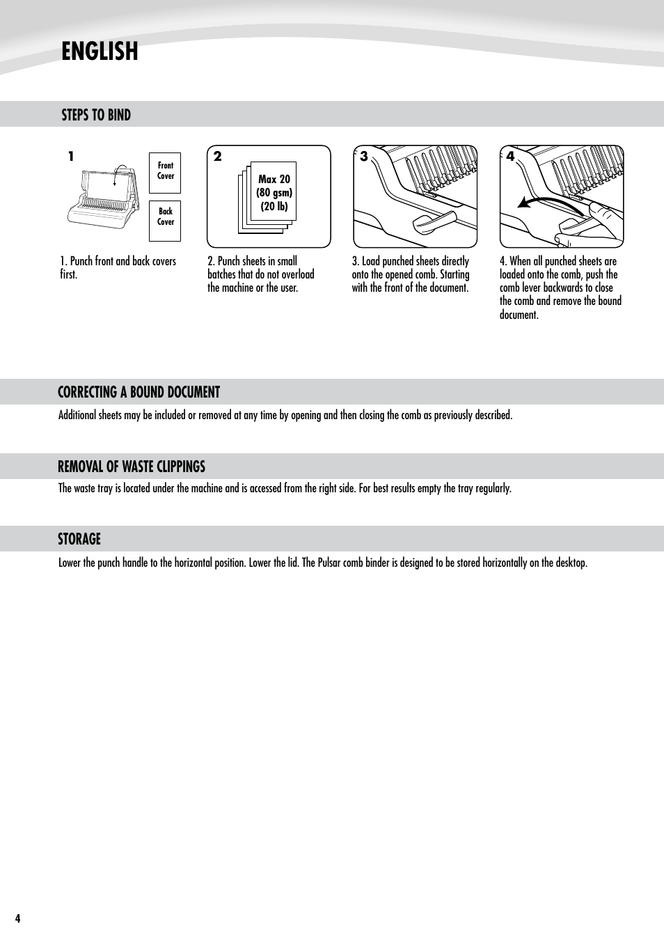 English, Steps to bind, Correcting a bound document | Removal of waste clippings, Storage | FELLOWES Pulsar Plus 300 User Manual | Page 4 / 14