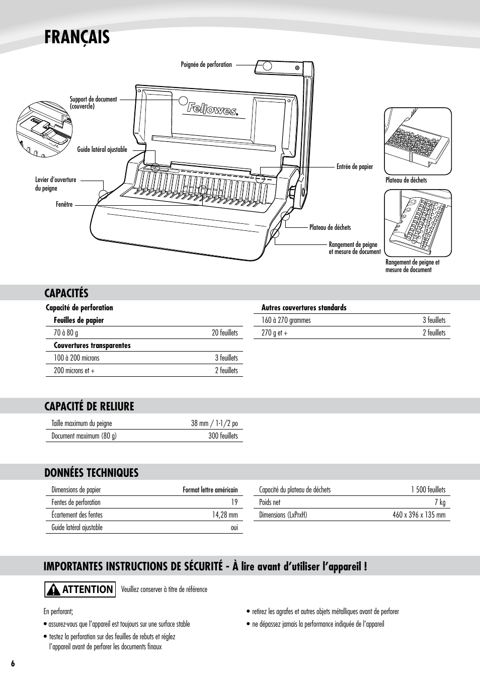 Français, Attention, Capacité de reliure | Données techniques | FELLOWES Pulsar Plus 300 User Manual | Page 6 / 14