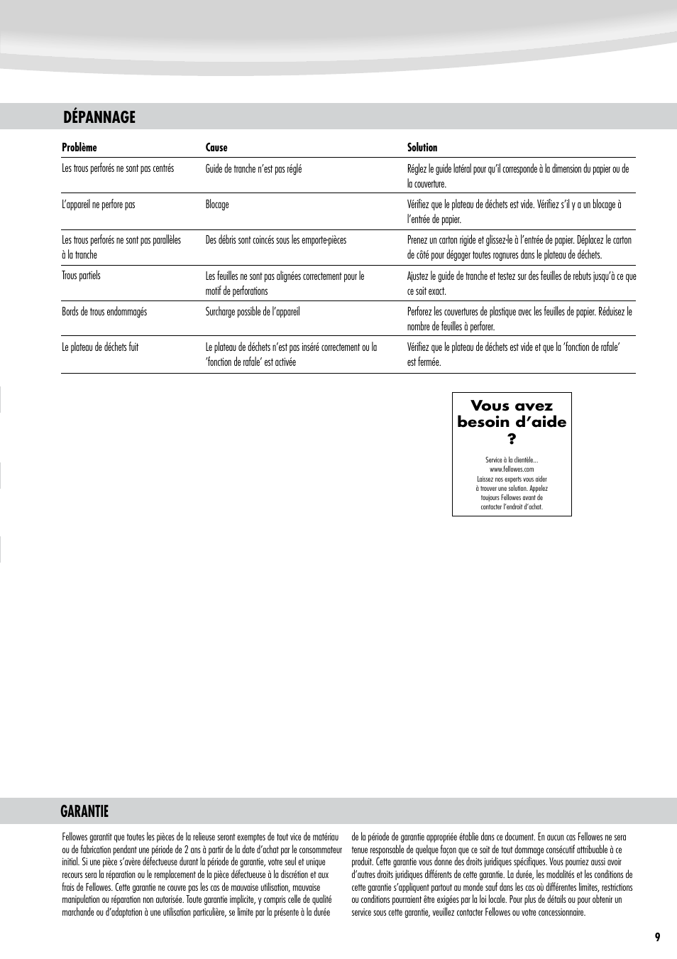 Garantie, Dépannage, Vous avez besoin d’aide | FELLOWES Pulsar Plus 300 User Manual | Page 9 / 14
