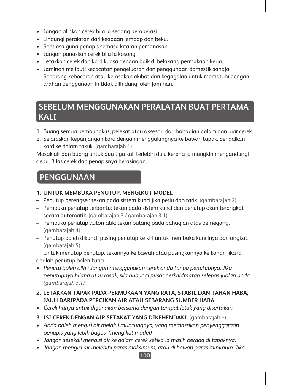 Sebelum menggunakan peralatan buat pertama kali, Penggunaan | Tefal KI 230D30 Express II User Manual | Page 102 / 135